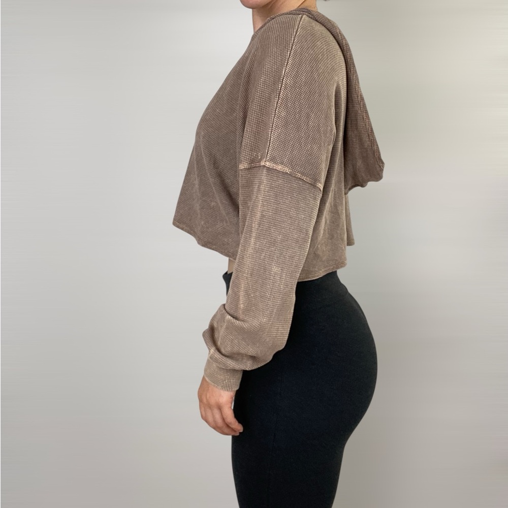 ALTAR’D STATE‎ Waffle Knit V Neck Crop Hoodie Pullover Top - Picture 3 of 5